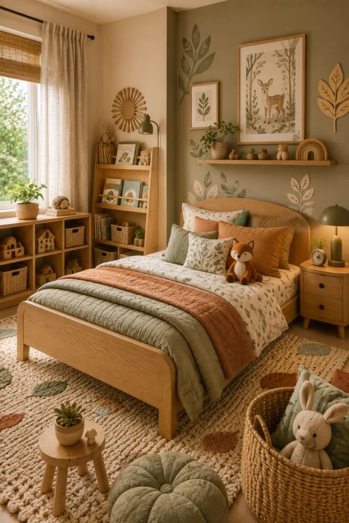 Earth-tone modern kids' bedroom with sage green, terracotta, warm beige, natural wood, botanical artwork, and cozy nature-inspired decor.