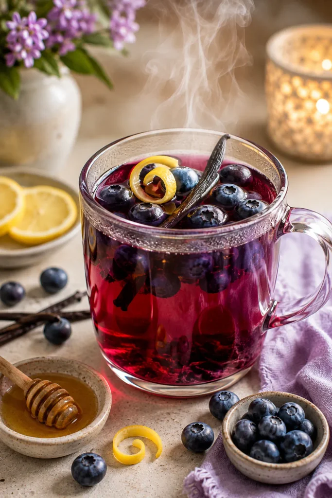 Blueberry vanilla winter tea with fresh blueberries, vanilla, honey, lemon peel, and elegant cozy styling.