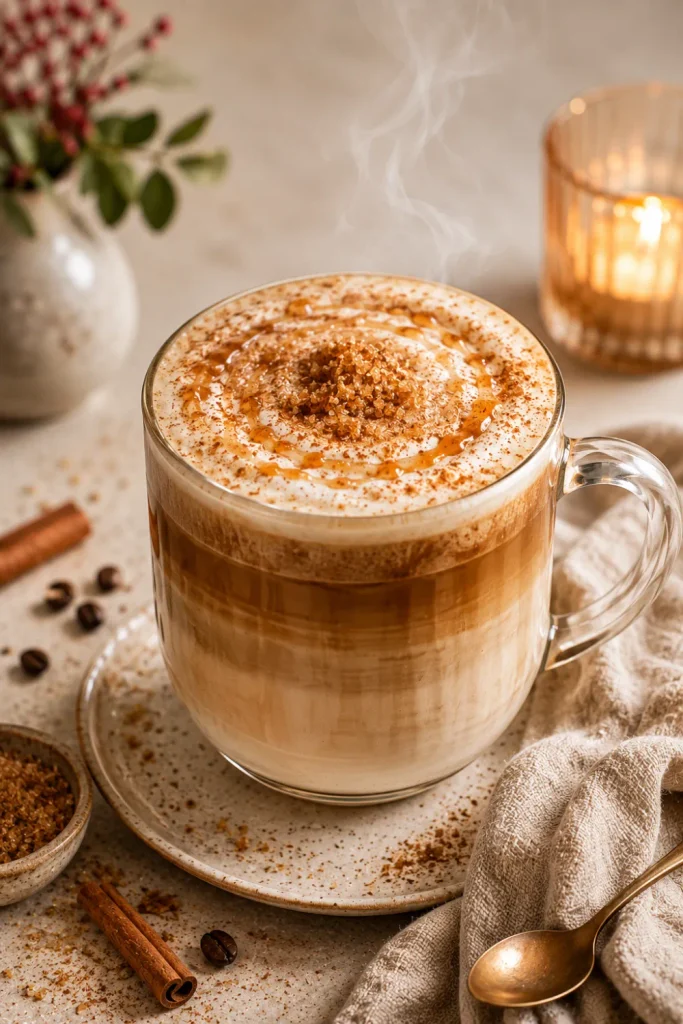 Brown sugar oat milk latte with espresso, cinnamon, creamy oat milk foam, and a modern cozy winter presentation.