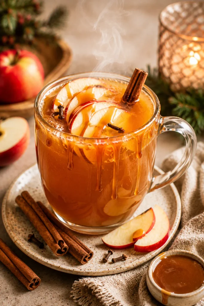 Warm caramel apple cider with cinnamon, cloves, fresh apple slices, and glossy caramel drizzle in a cozy winter setting.