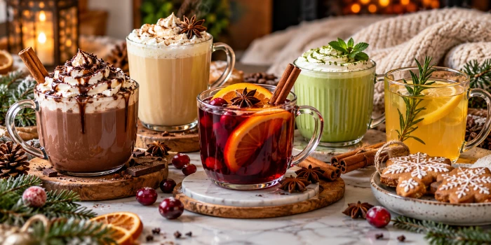A cozy winter drink spread featuring hot chocolate with whipped cream, spiced latte, cranberry citrus punch, creamy matcha, and warm lemon rosemary tea with cinnamon, oranges, cranberries, gingerbread cookies, and festive greenery.