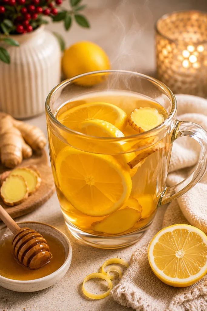 Honey lemon ginger tea with fresh ginger, bright lemon, golden honey, steam, and cozy modern winter styling.