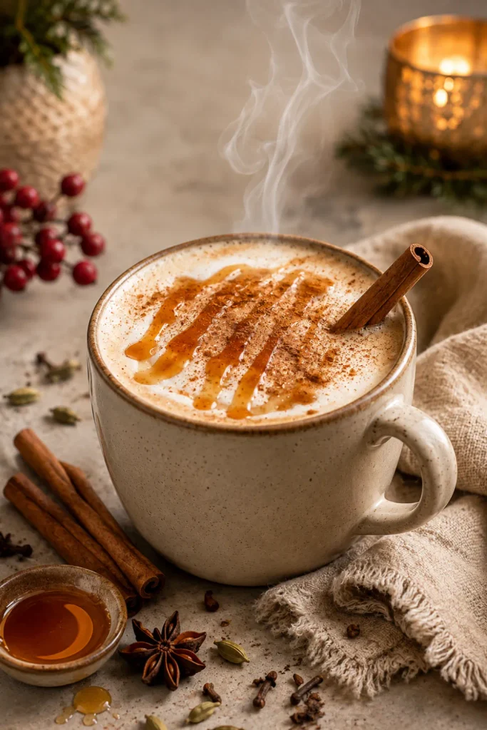 Maple chai latte with creamy milk, warming chai spices, maple sweetness, cinnamon garnish, and cozy winter styling.