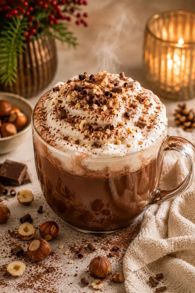 Mocha hazelnut snowcap with chocolate coffee, creamy white foam, hazelnut flavor, cocoa dusting, and cozy winter styling.