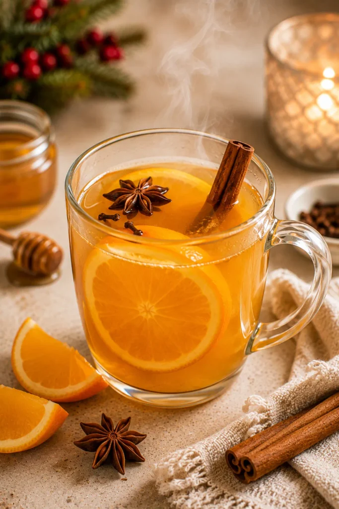 Orange cinnamon hot toddy with citrus, honey, cinnamon, warming spices, and a cozy winter presentation.