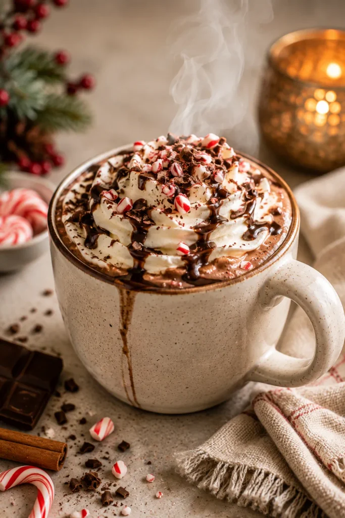 Peppermint mocha topped with creamy foam, chocolate, crushed candy cane, and festive winter garnish.