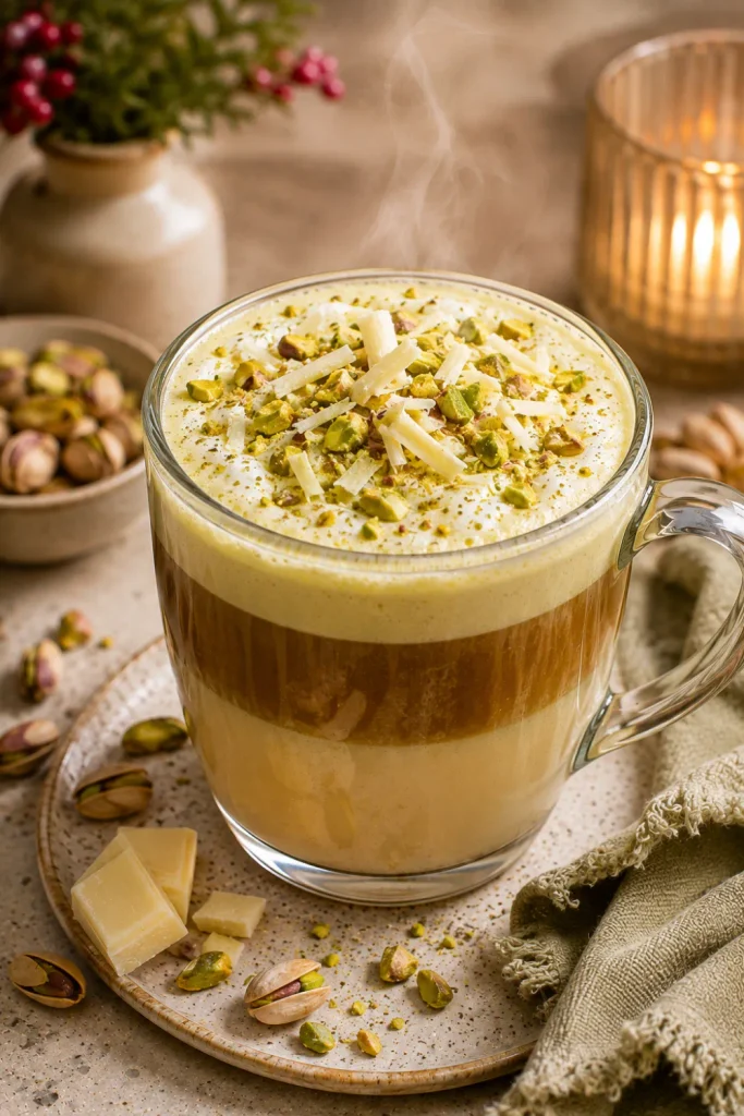 Pistachio white chocolate latte with creamy foam, white chocolate, pistachio garnish, and elegant modern winter presentation.