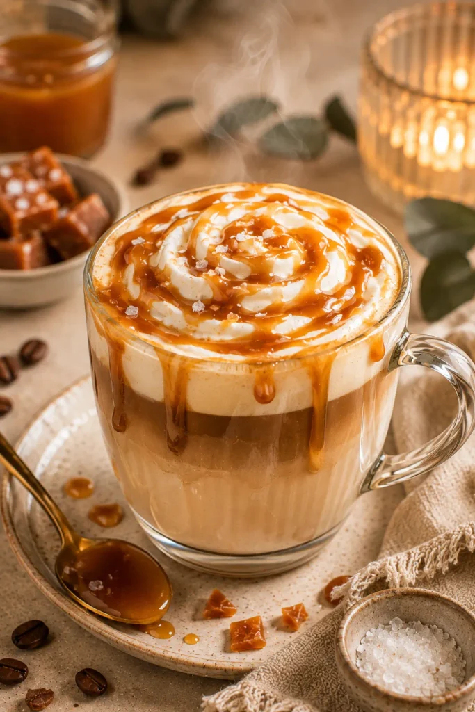 Salted caramel cream latte with rich espresso, caramel drizzle, creamy foam, flaky sea salt, and modern winter styling.
