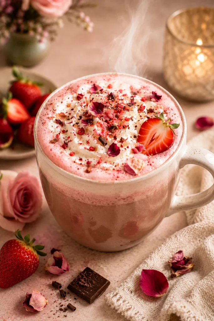 Strawberry rose hot chocolate with creamy cocoa, strawberry sweetness, delicate rose notes, pink garnish, and cozy winter styling.