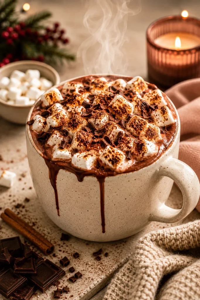 Toasted marshmallow hot chocolate with silky cocoa, golden marshmallows, chocolate shavings, and cozy winter styling.