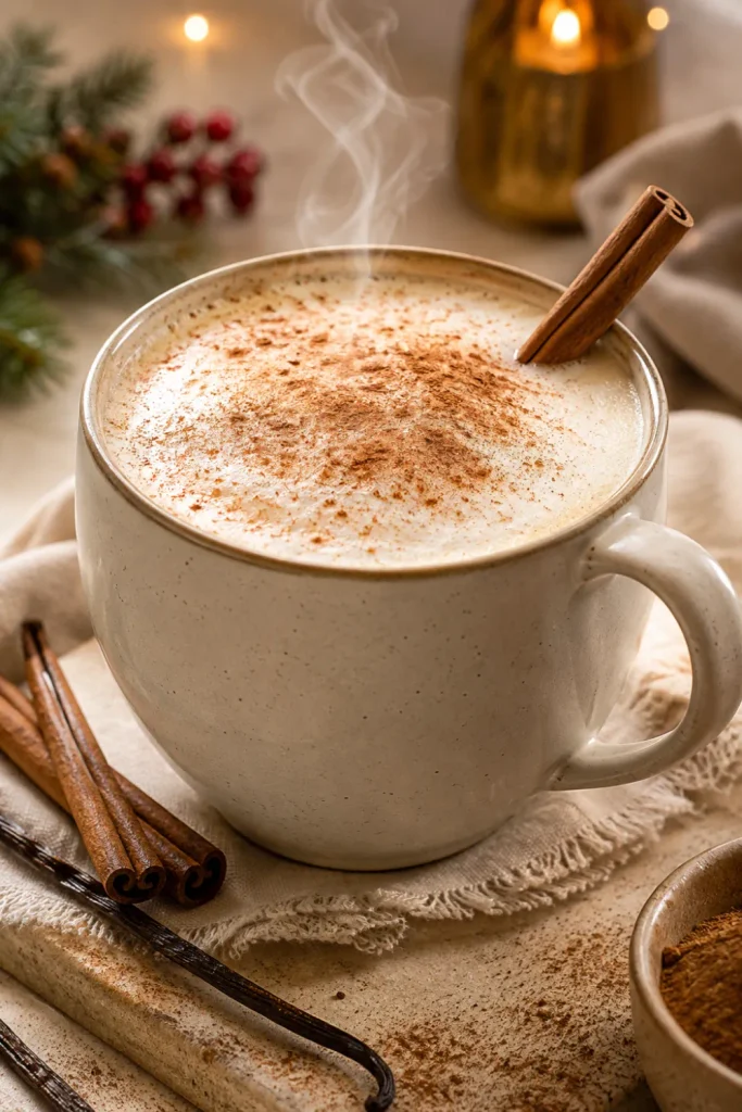 Vanilla cinnamon steamer with creamy steamed milk, cinnamon, vanilla, nutmeg, and a cinnamon stick in a cozy winter setting.