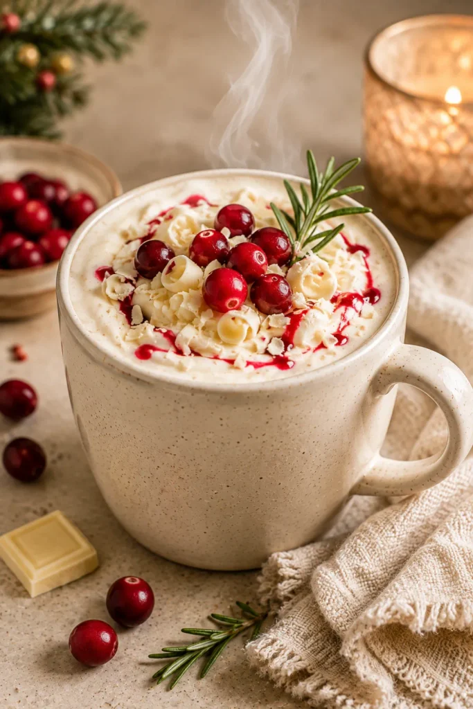 White chocolate cranberry cocoa with creamy white chocolate foam, tart cranberry garnish, rosemary, and cozy winter styling.