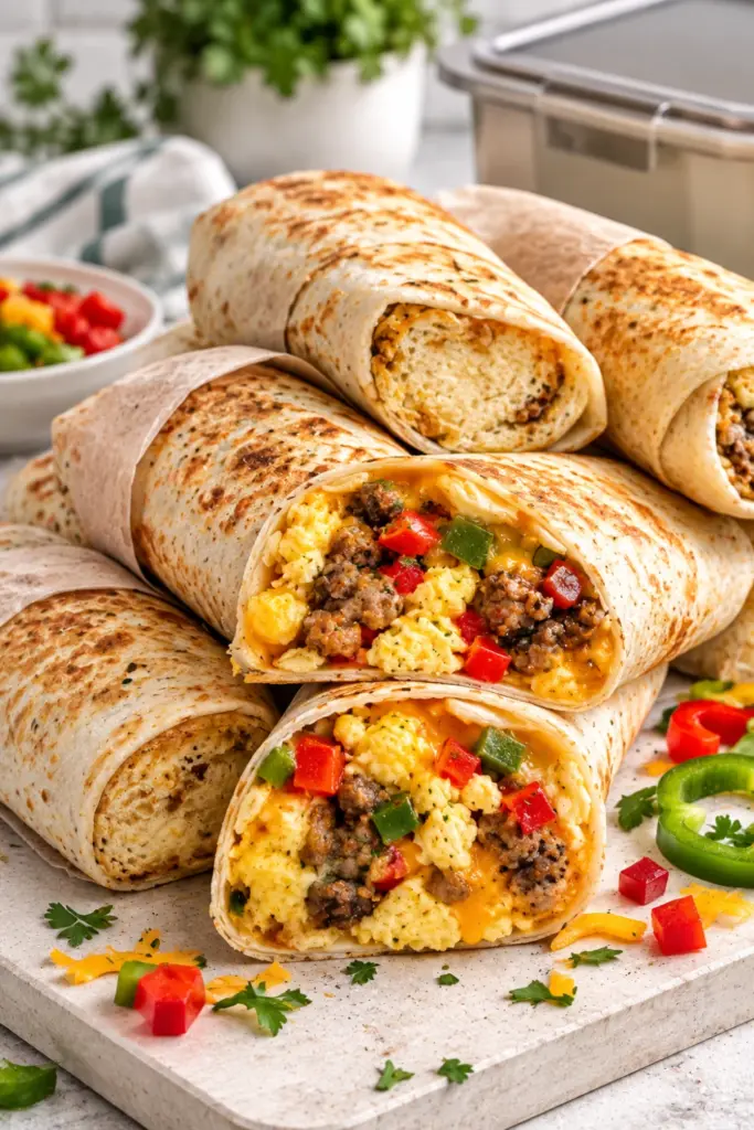 Freezer-friendly breakfast burritos filled with scrambled eggs, sausage, peppers, and cheese arranged for easy school morning meal prep.
