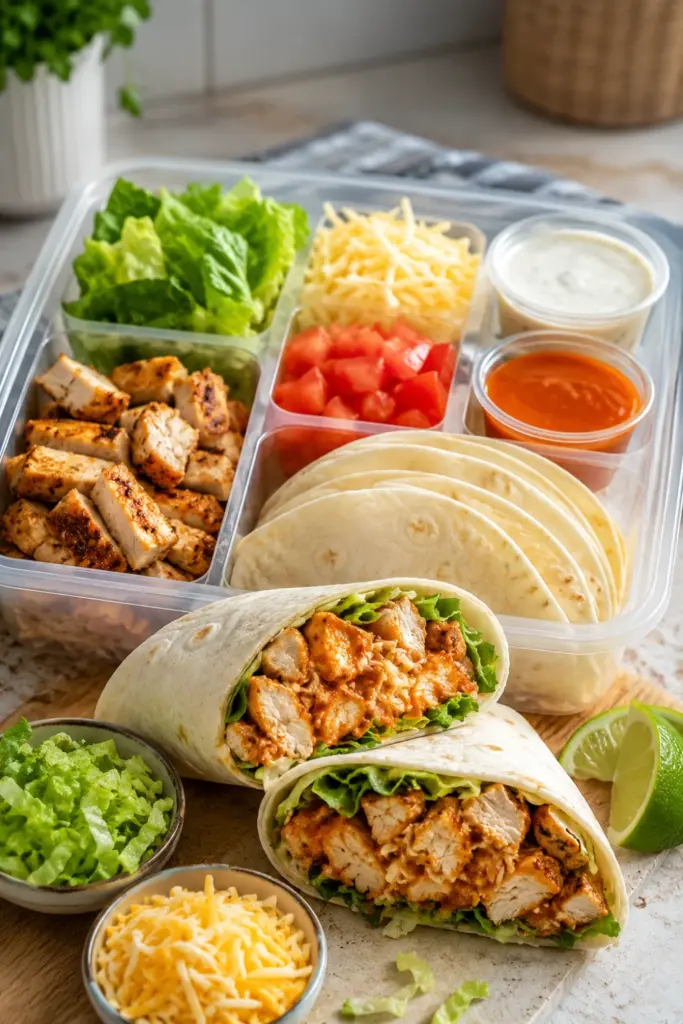 Chicken wrap meal-prep kits with chopped chicken, romaine, cheese, tortillas, and sauces ready for quick school lunches.