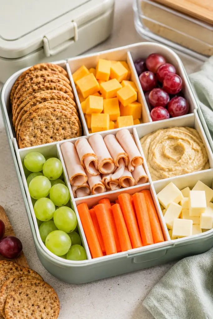 Homemade DIY Lunchables with crackers, cheese, turkey, grapes, and carrots packed into a colorful school lunch container.