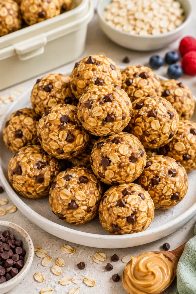 Homemade no-bake oatmeal energy bites with peanut butter and chocolate chips arranged as an easy school snack.