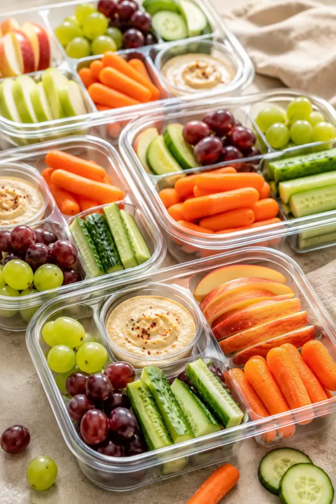 Colorful fruit and veggie snack packs with apple slices, carrots, cucumbers, grapes, and hummus for school lunches.