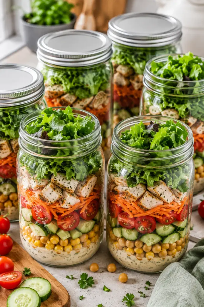 Colorful mason jar salads layered with dressing, vegetables, chicken, and crisp greens for easy back-to-school meal prep.