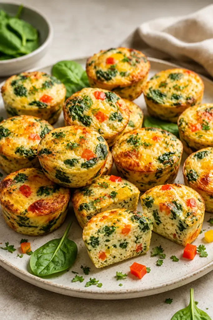 Mini baked frittatas with spinach, cheese, peppers, and eggs are arranged as an easy, protein-rich school breakfast meal prep.
