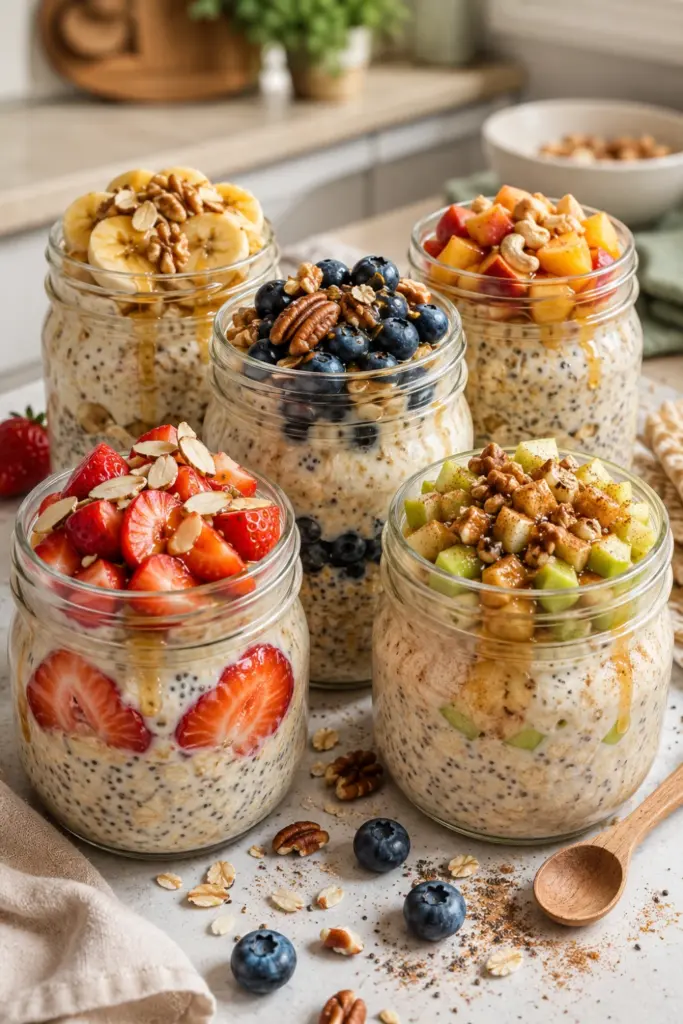 Colorful overnight oats jars layered with berries, bananas, chia seeds, almonds, and oats for easy back-to-school meal prep.