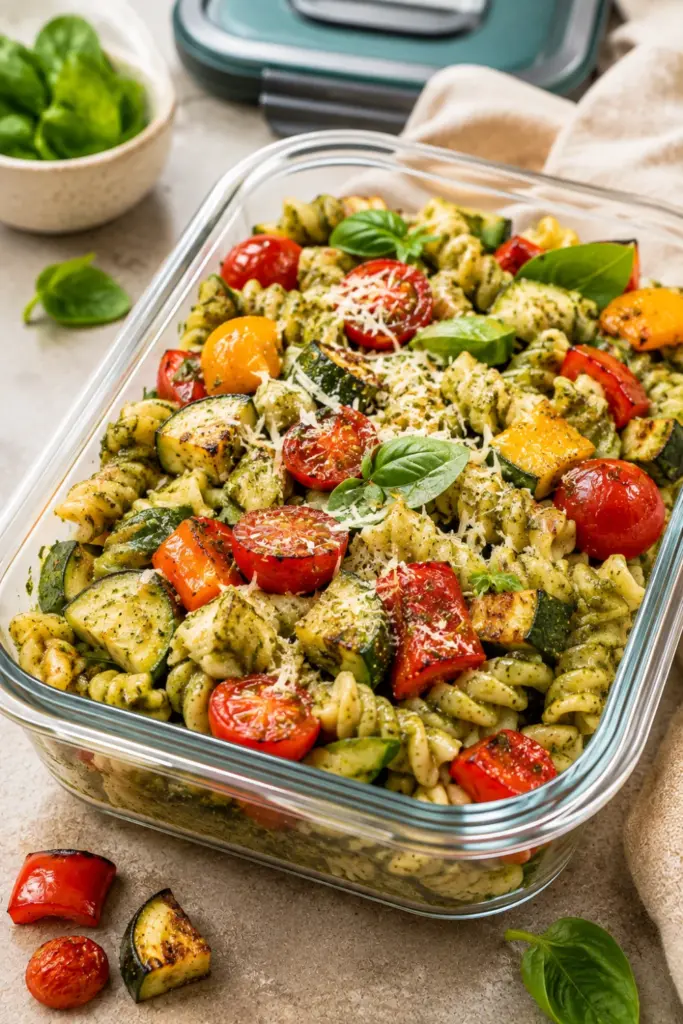Colorful cold pasta primavera with pesto, zucchini, roasted peppers, cherry tomatoes, and Parmesan for school lunch meal prep.