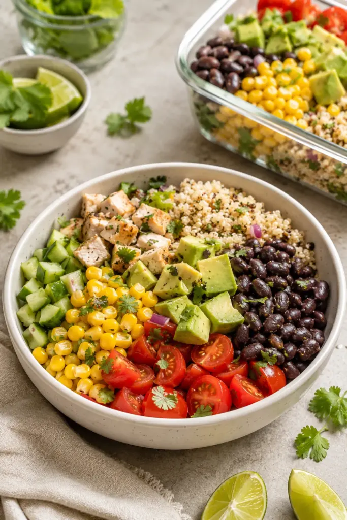 Colorful quinoa bowls with black beans, corn, avocado, tomatoes, and fresh vegetables for easy back-to-school meal prep.