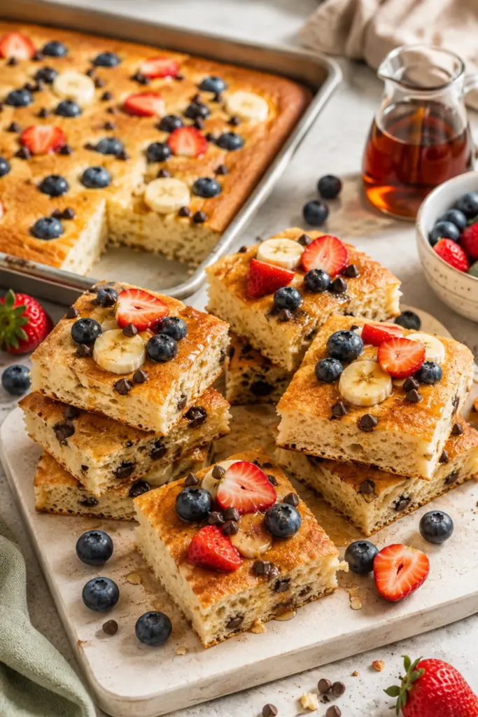 Golden sheet pan pancakes cut into grab-and-go squares with berries, bananas, and chocolate chips for busy school mornings.