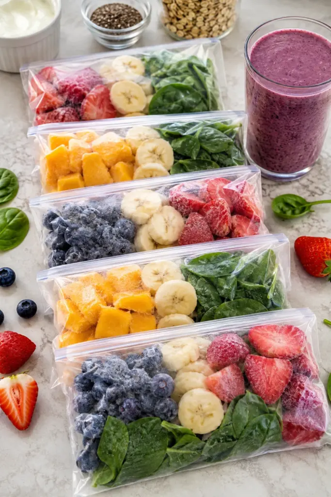Colorful smoothie freezer packs filled with berries, banana, mango, and spinach prepared for fast back-to-school breakfasts.