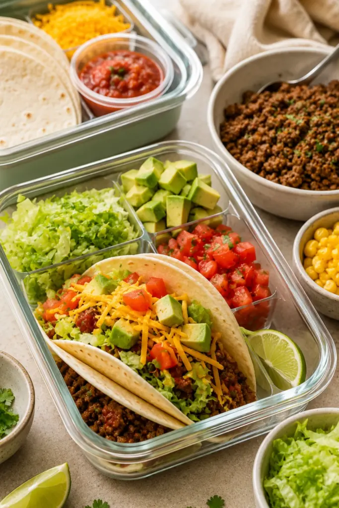 Taco Tuesday meal-prep kits with seasoned taco meat, tortillas, lettuce, cheese, corn, and salsa ready for quick school lunches.