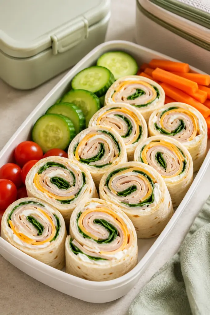 Turkey and cheese roll-ups with cream cheese, spinach, and tortillas arranged as colorful lunchbox pinwheels for school meal prep.