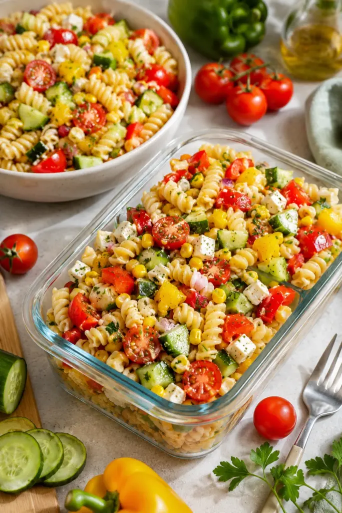 Colorful veggie-packed pasta salad with tomatoes, cucumbers, peppers, cheese, and Italian dressing for school lunches.