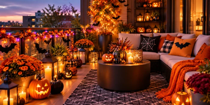 Easy best Halloween balcony decor design ideas featuring pumpkins, lanterns, string lights, fall plants, cozy seating, and stylish spooky accents.