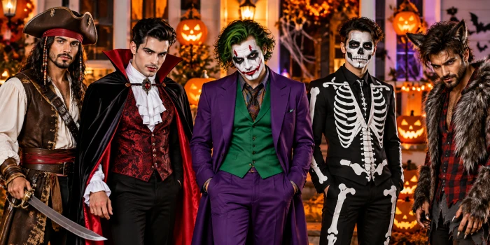 Easy creative Halloween outfits and makeup ideas for men featuring stylish spooky costumes, dramatic face makeup, and festive Halloween looks.