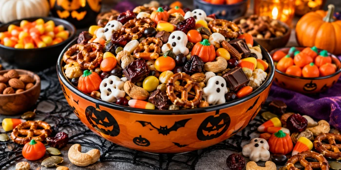 Easy gluten-free Halloween trail mix recipes made with festive candy, pretzels, popcorn, nuts, chocolate, and pumpkin-shaped treats for a fun Halloween party snack