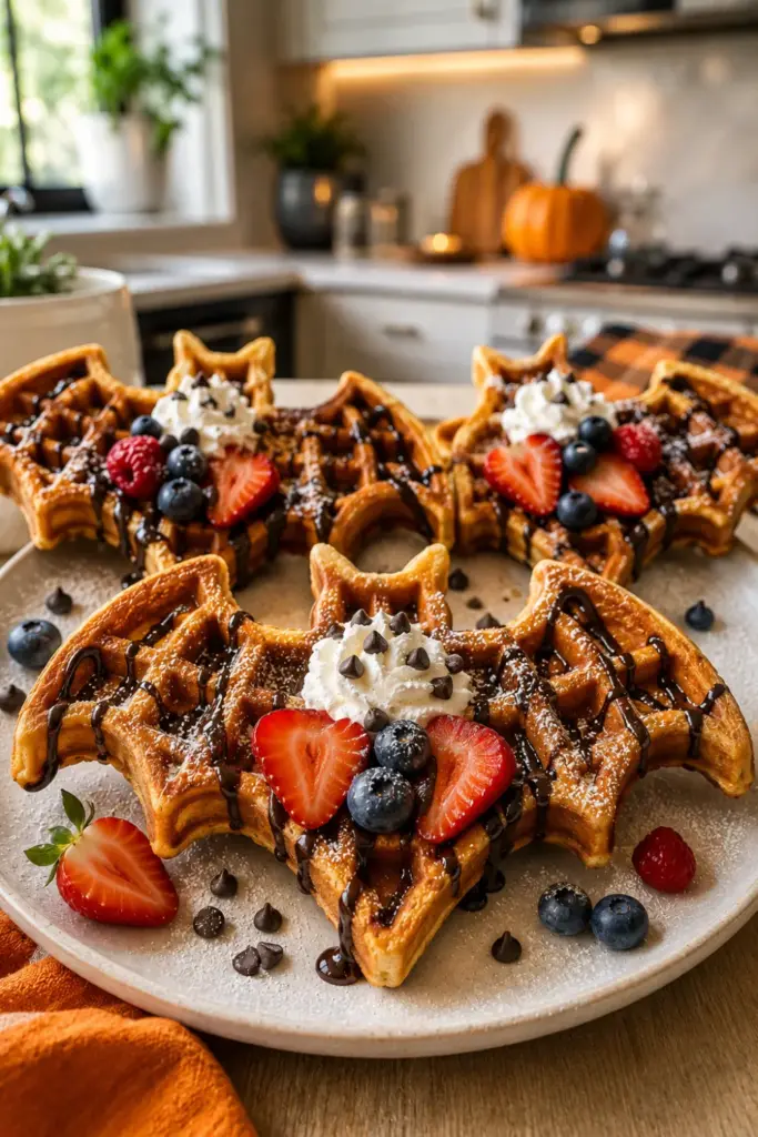 Crisp bat-shaped Halloween waffles are served with berries, whipped cream, chocolate, and colorful festive toppings.