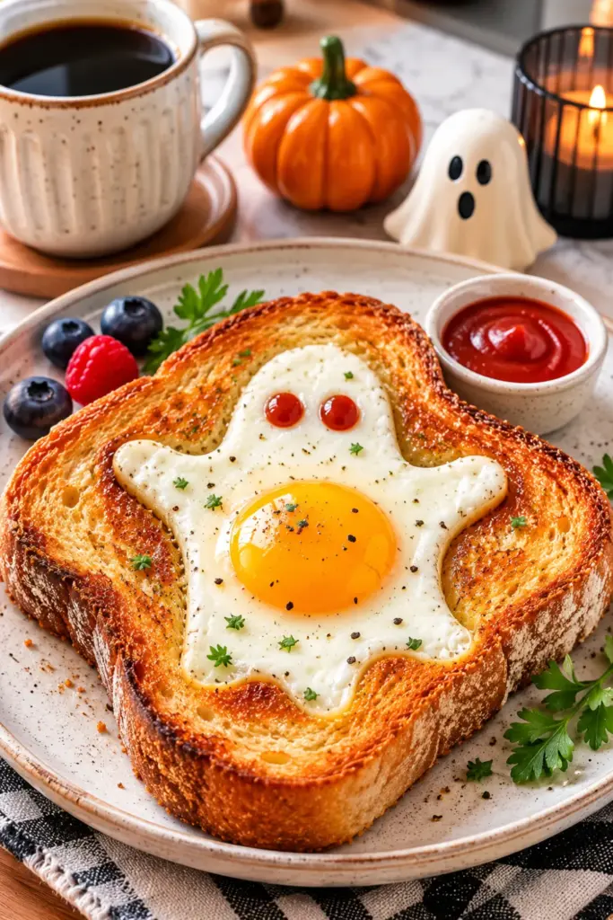 Ghost-shaped egg-in-a-hole toast with a sunny egg center, golden toast, and Halloween breakfast styling for a party.