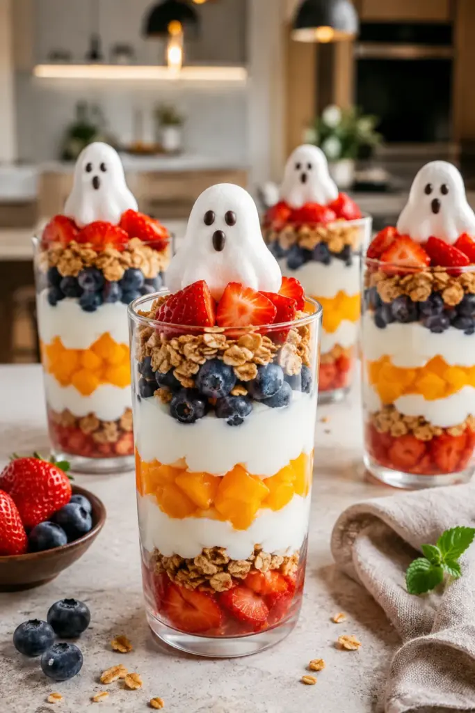 Layered Halloween yogurt parfaits with creamy yogurt, crunchy granola, colorful fruit, and marshmallow ghost toppers.
