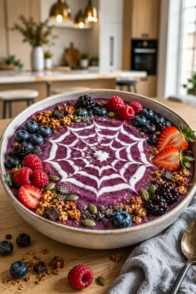 Thick Halloween berry smoothie bowl decorated with a Greek yogurt spiderweb, berries, granola, and colorful festive toppings.