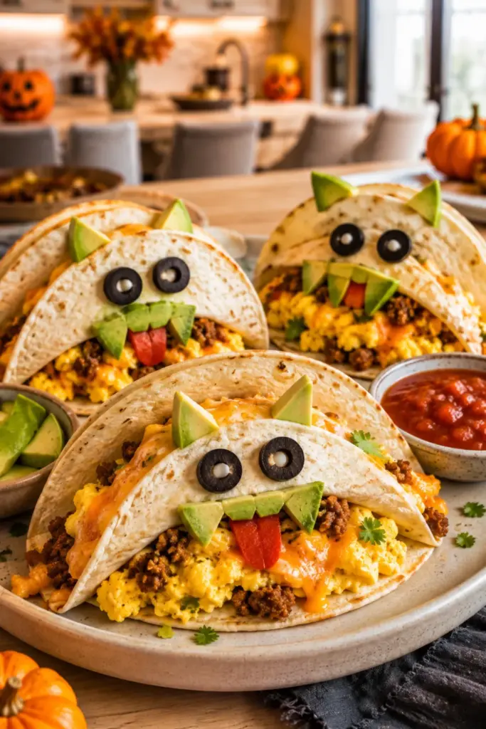 Spooky monster breakfast tacos filled with scrambled eggs, cheese, avocado, and olive eyes for Halloween parties.