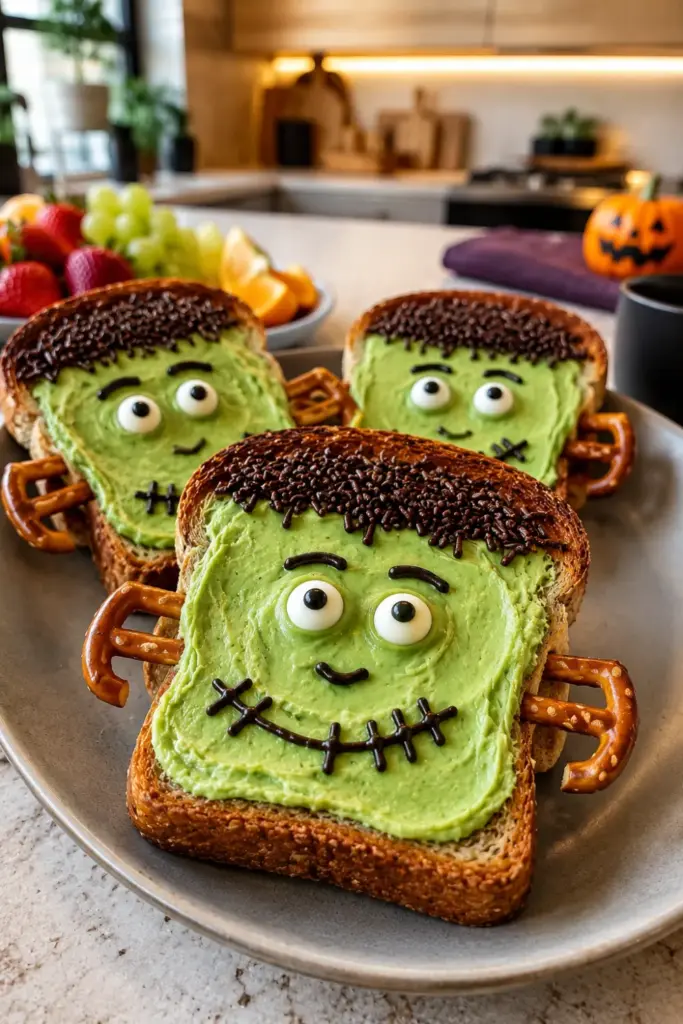 Green Franken-toast topped with candy eyes and pretzel bolts, styled as a colorful Halloween breakfast party idea.