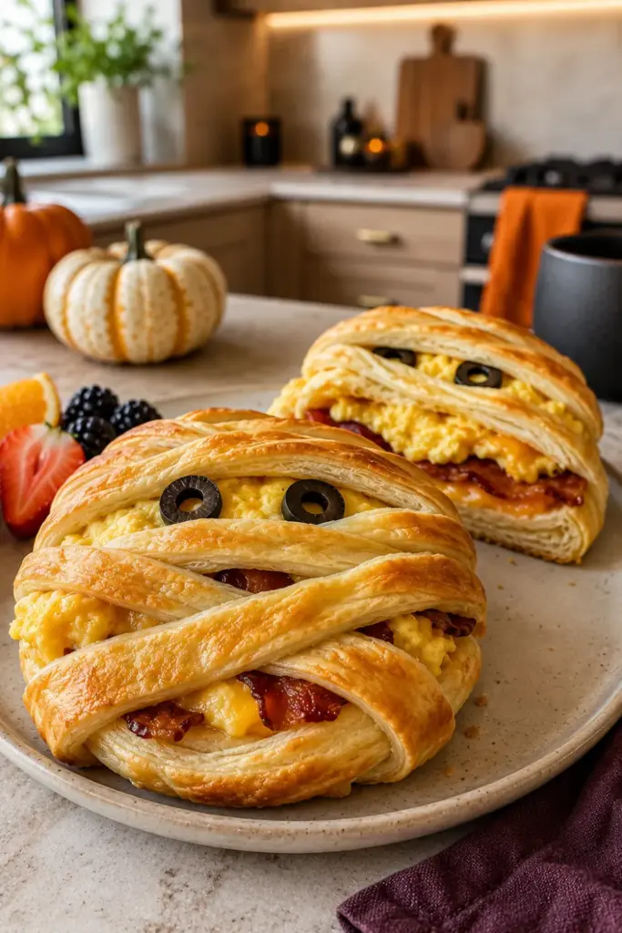 Golden baked mummy breakfast sandwiches made with crescent dough, eggs, bacon, cheese, and olive eyes for Halloween parties.