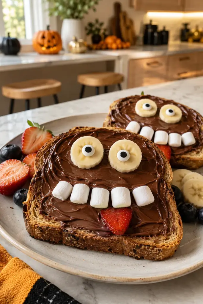 Nutella monster toast with banana eyes, candy eyes, marshmallow teeth, and colorful Halloween breakfast styling.
