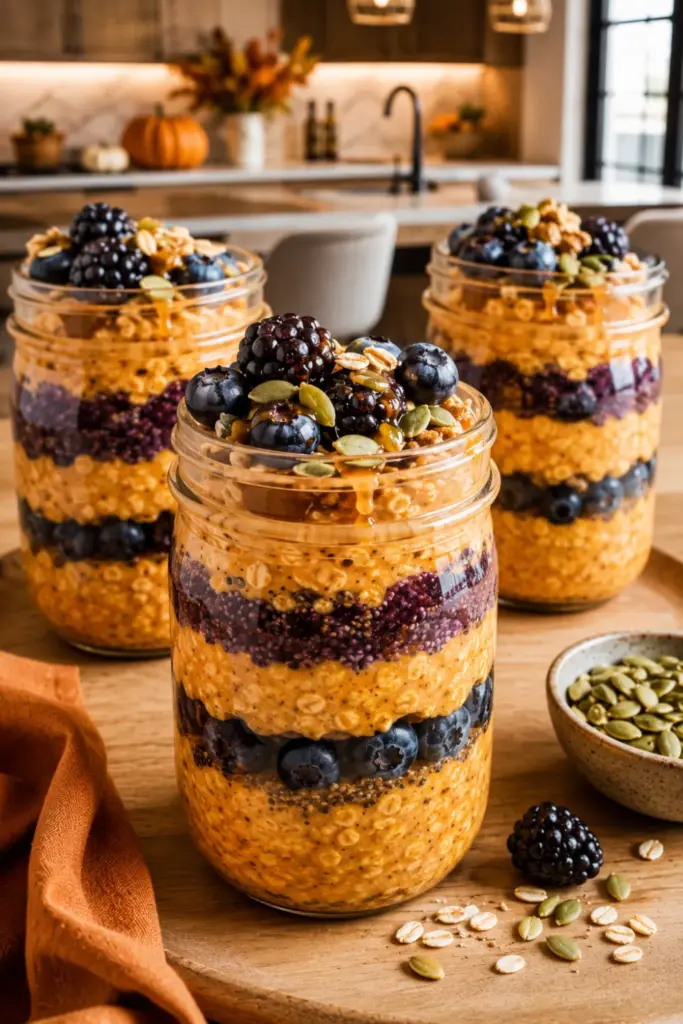Pumpkin-spiced Halloween overnight oats layered with orange and dark berry colors in a stylish breakfast jar.