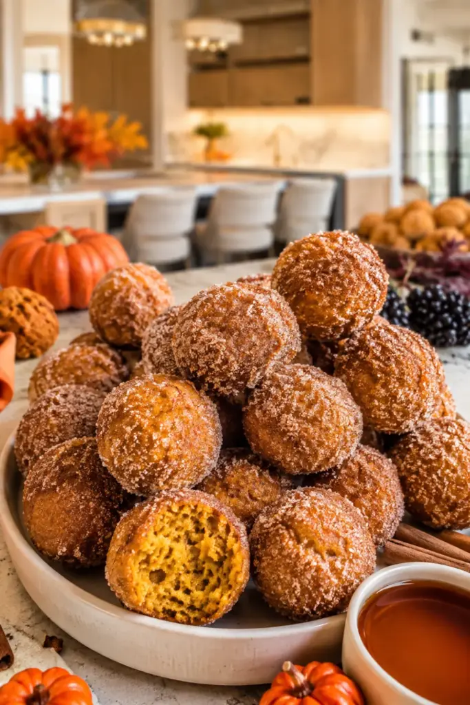 Bite-sized pumpkin spice donut holes coated in cinnamon sugar and arranged on a festive modern Halloween breakfast table.