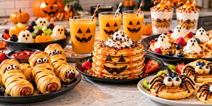 Easy Halloween breakfast recipe ideas for parties featuring spooky pancakes, mummy pastries, ghost waffles, fruit, parfaits, and pumpkin drinks.