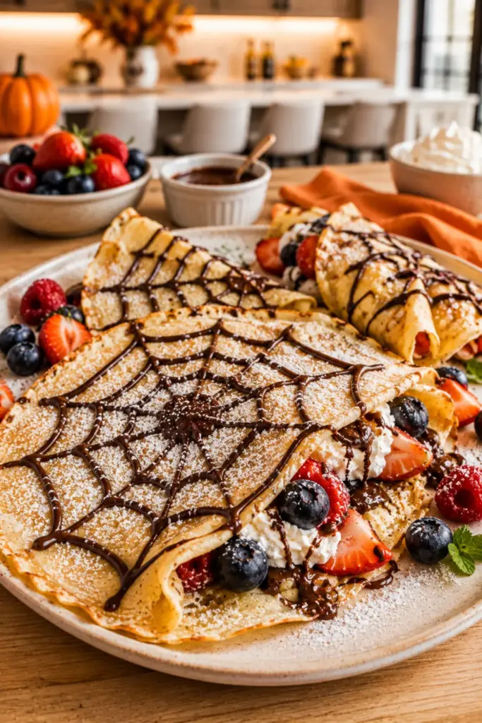 Delicate Halloween crepes decorated with chocolate spiderweb patterns, berries, whipped cream, and festive breakfast toppings.