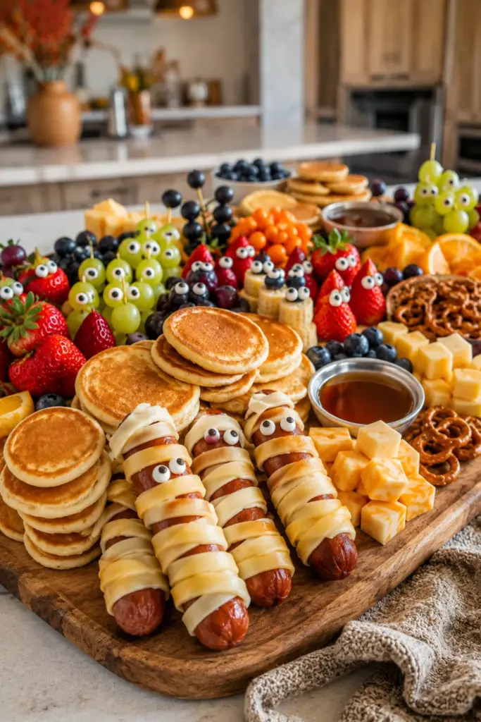 Halloween breakfast charcuterie board with mini pancakes, sausage mummies, fruit monsters, berries, cheese, and pretzels.