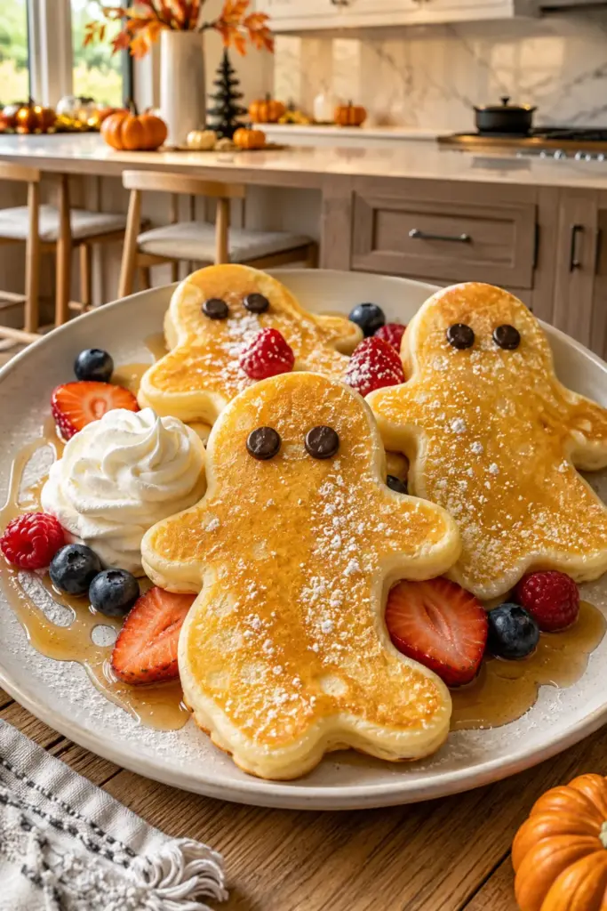Freehand ghost-shaped Halloween pancakes with chocolate chip eyes, whipped cream, berries, and festive toppings for a party breakfast.
