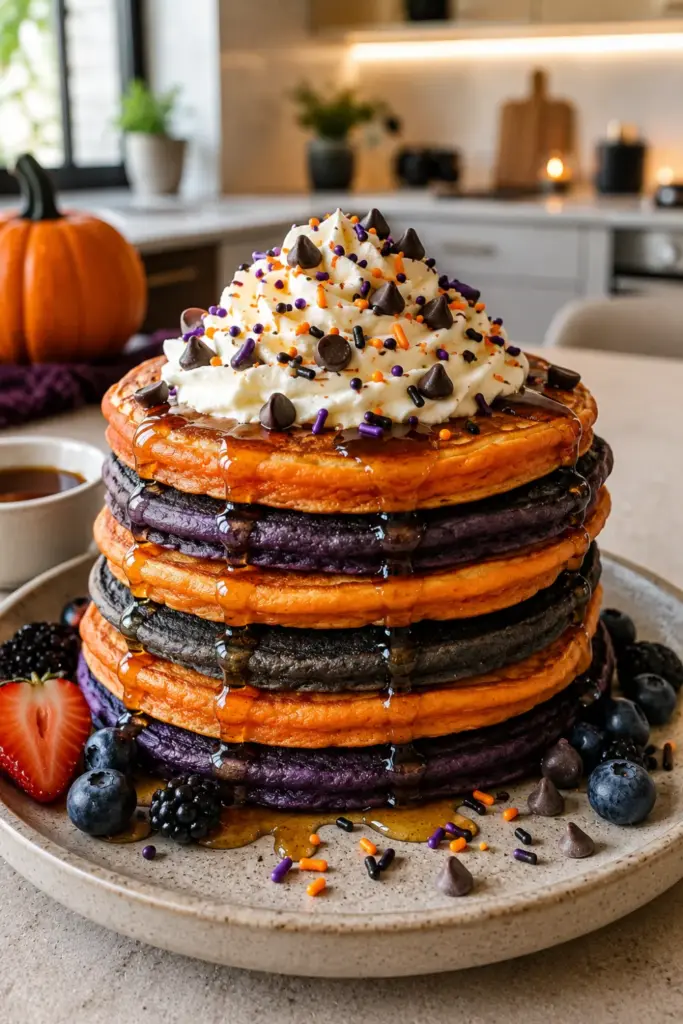 Colorful spooky Halloween pancakes in orange and purple shades with whipped cream, chocolate chips, and festive toppings.