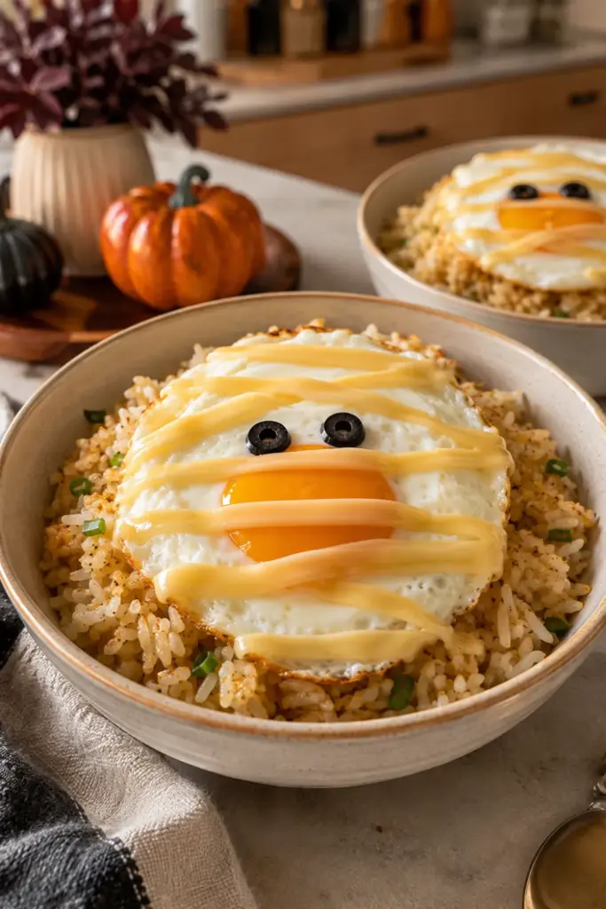 Fried egg mummy over garlic rice with melted cheese bandages and olive eyes, styled for a colorful Halloween breakfast party.